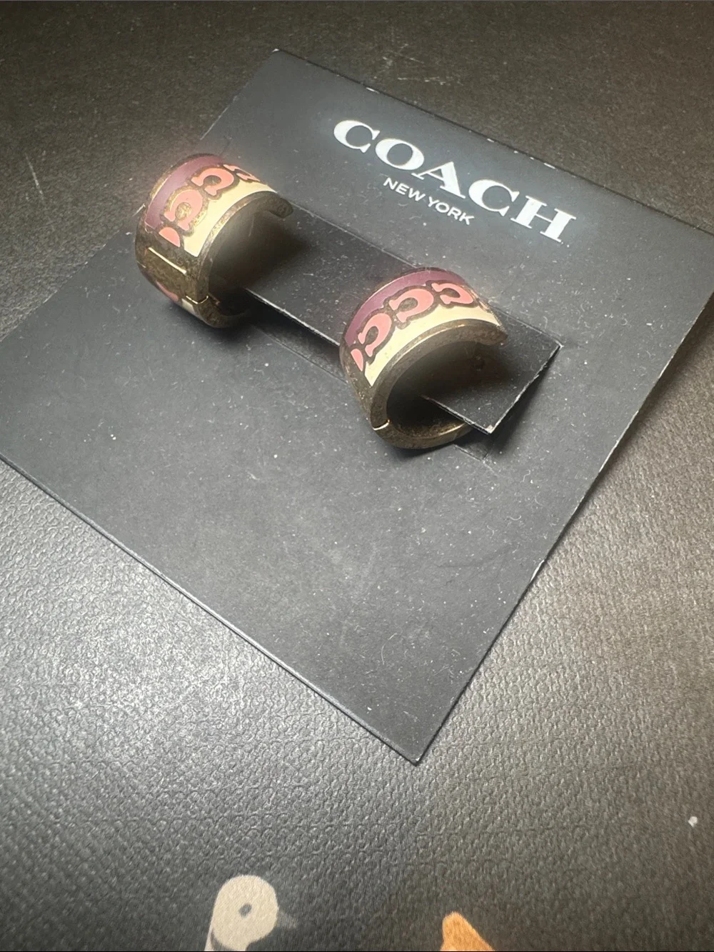 Coach Gold-Tone Hoop Earrings with purple and Pink Logo Band - Picture 3 of 4